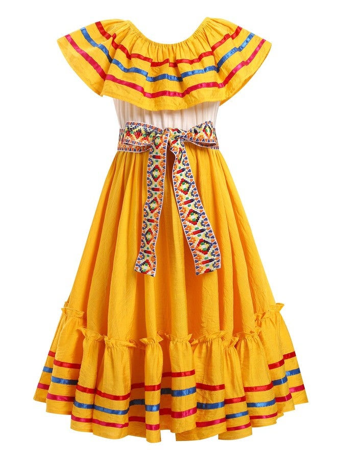 ODIZLI Mexican Dress for Girls - Folklorico Cinco de Mayo Fiesta Dress - Toddler Off-Shoulder Traditional - Little Girls Flamenco Ruffle Drape A Line Dress - Yellow 7-8 Years - Image 1